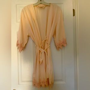 Peach silky robe with lace details